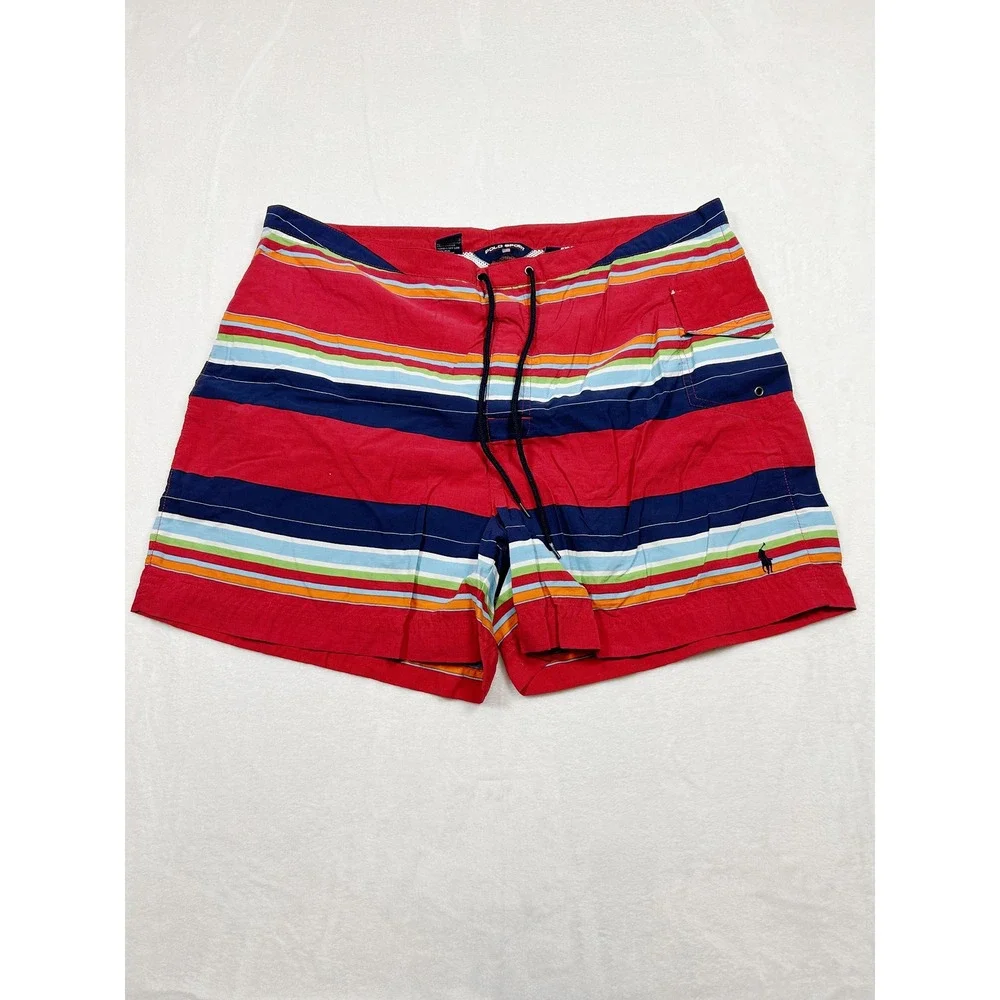 Polo Sport Ralph Lauren Mens Red Striped Swim Trunks Board Shorts 34